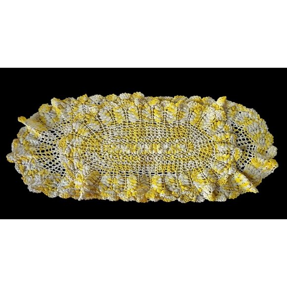 Handmade Crochet Table Runner Set Yellow & White Floral 34" & 23” Granny Core - Picture 2 of 9